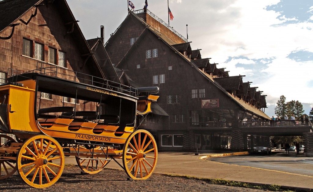 Old Faithful Inn Exterior with Stage Coach.