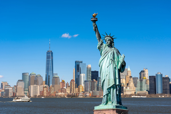 The Statue of Liberty stands above New York's harbor.