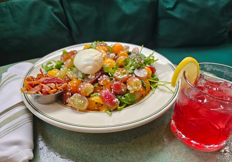 Arugula and hummus salad with a glass of rosemary hibiscus lemonade at Java _ Jam